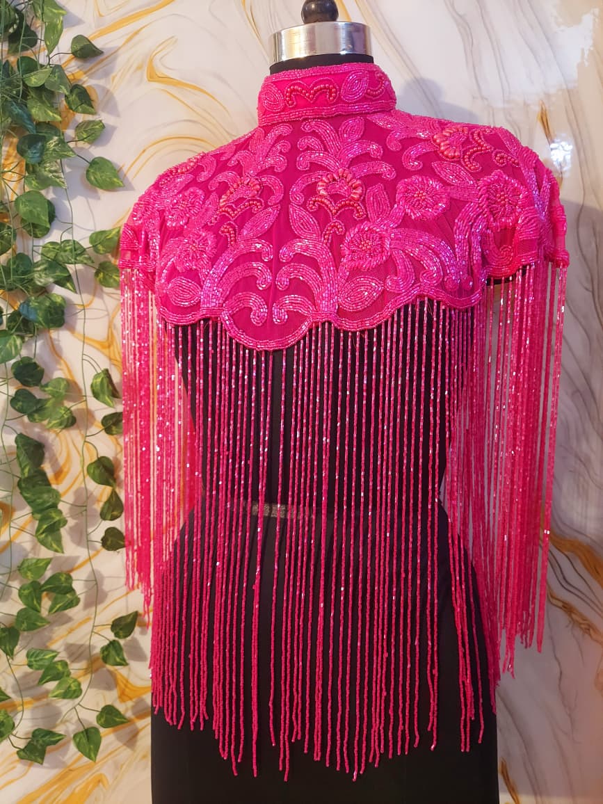 Handcrafted red-brown beaded cape poncho, dark pink beadwork geometric pattern, elegant cover-ups for special occations.