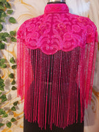 Handcrafted red-brown beaded cape poncho, dark pink beadwork geometric pattern, elegant cover-ups for special occations.