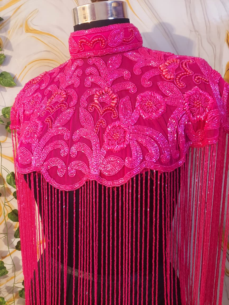 Handcrafted red-brown beaded cape poncho, dark pink beadwork geometric pattern, elegant cover-ups for special occations.