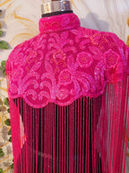 Handcrafted red-brown beaded cape poncho, dark pink beadwork geometric pattern, elegant cover-ups for special occations.