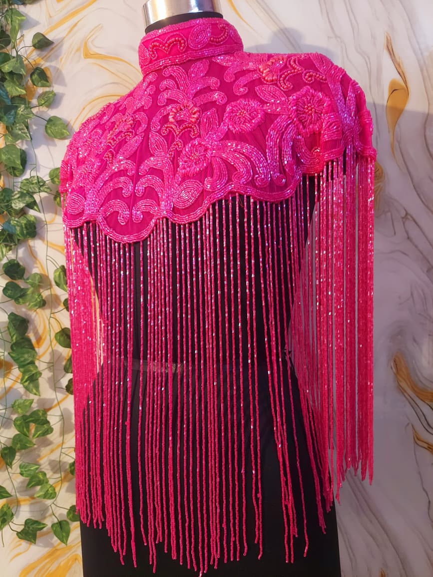 Handcrafted red-brown beaded cape poncho, dark pink beadwork geometric pattern, elegant cover-ups for special occations.