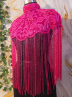 Handcrafted red-brown beaded cape poncho, dark pink beadwork geometric pattern, elegant cover-ups for special occations.