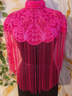 Handcrafted red-brown beaded cape poncho, dark pink beadwork geometric pattern, elegant cover-ups for special occations.