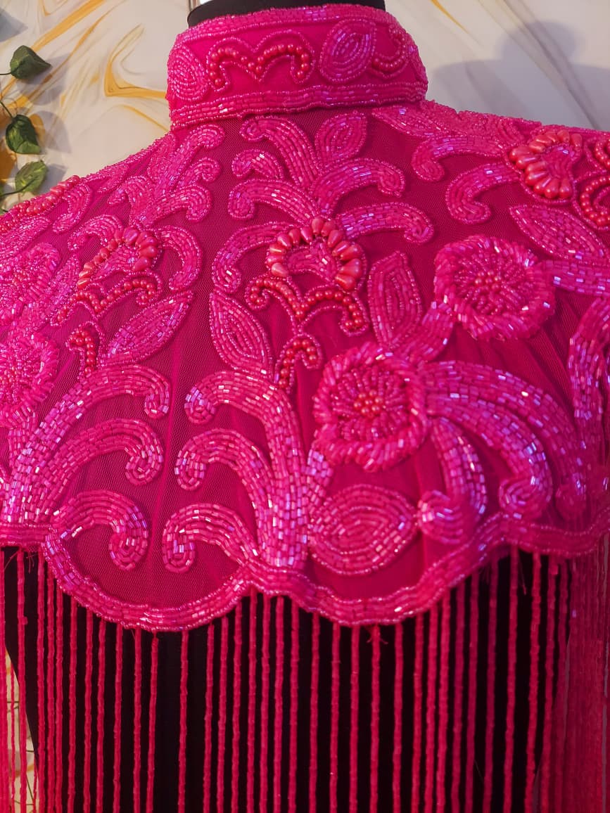 Handcrafted red-brown beaded cape poncho, dark pink beadwork geometric pattern, elegant cover-ups for special occations.