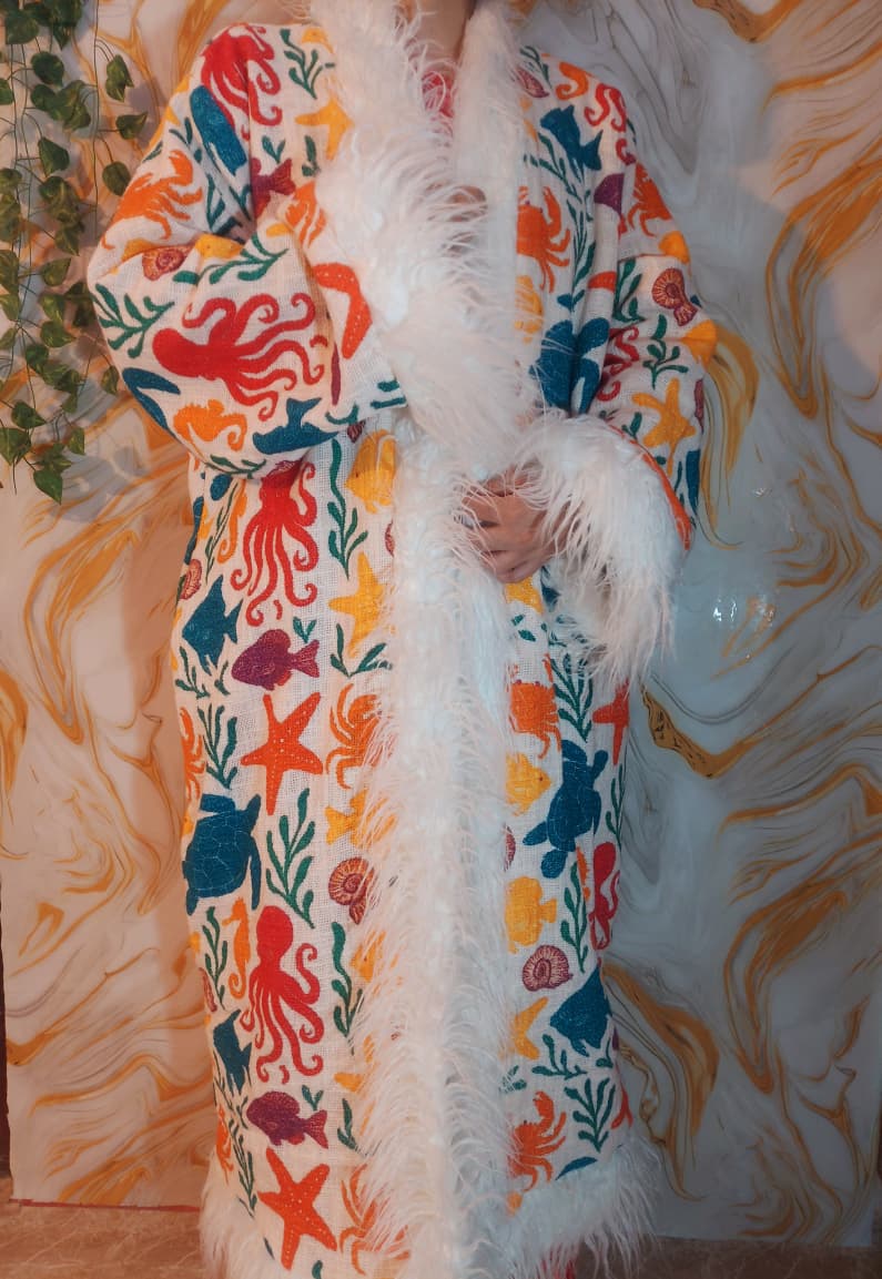 White cotton reversible sea animal Floral Coat: Mongolian Fur Trim, Boho Festival Jacket,Reversible unique Coat