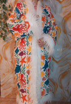White cotton reversible sea animal Floral Coat: Mongolian Fur Trim, Boho Festival Jacket,Reversible unique Coat