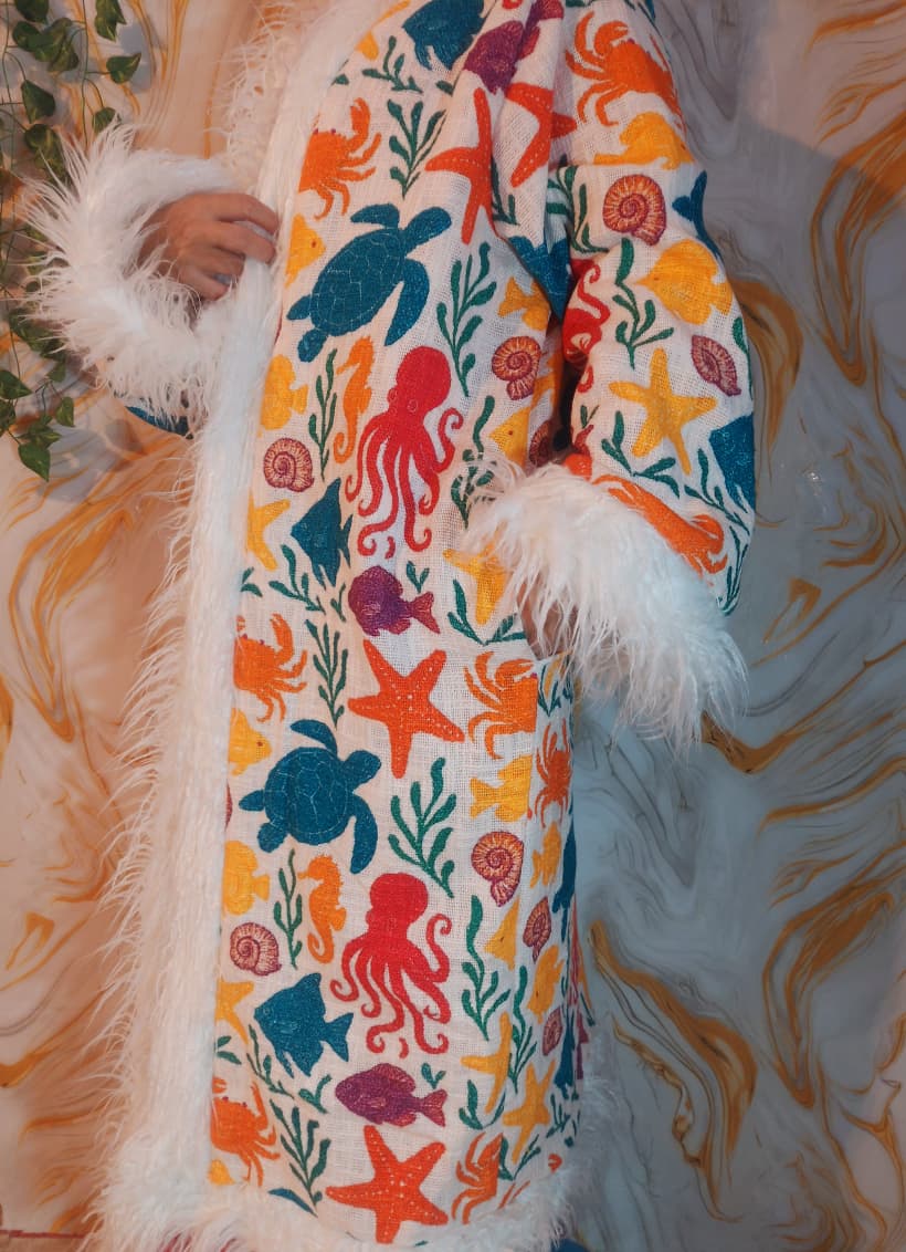White cotton reversible sea animal Floral Coat: Mongolian Fur Trim, Boho Festival Jacket,Reversible unique Coat