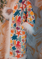 White cotton reversible sea animal Floral Coat: Mongolian Fur Trim, Boho Festival Jacket,Reversible unique Coat