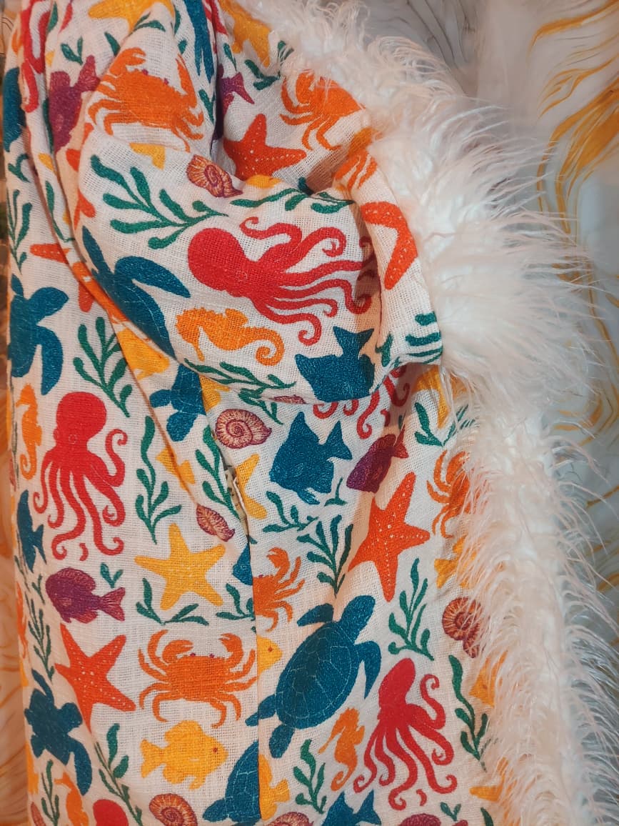 White cotton reversible sea animal Floral Coat: Mongolian Fur Trim, Boho Festival Jacket,Reversible unique Coat