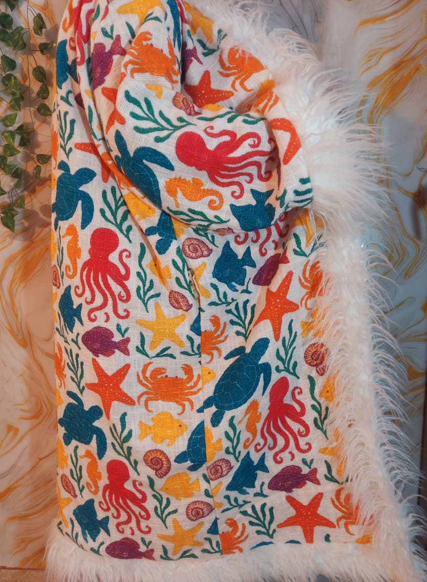 White cotton reversible sea animal Floral Coat: Mongolian Fur Trim, Boho Festival Jacket,Reversible unique Coat