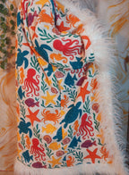 White cotton reversible sea animal Floral Coat: Mongolian Fur Trim, Boho Festival Jacket,Reversible unique Coat