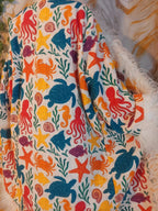 White cotton reversible sea animal Floral Coat: Mongolian Fur Trim, Boho Festival Jacket,Reversible unique Coat