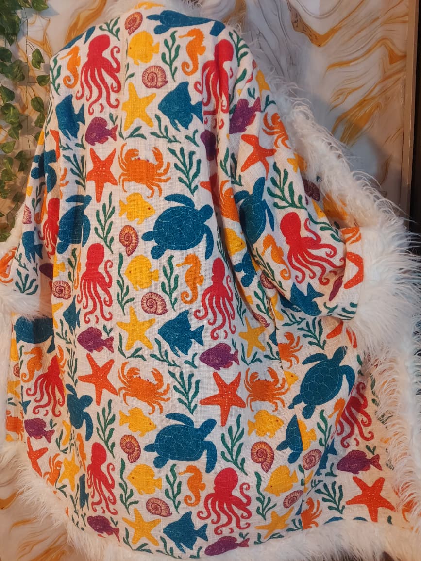 White cotton reversible sea animal Floral Coat: Mongolian Fur Trim, Boho Festival Jacket,Reversible unique Coat
