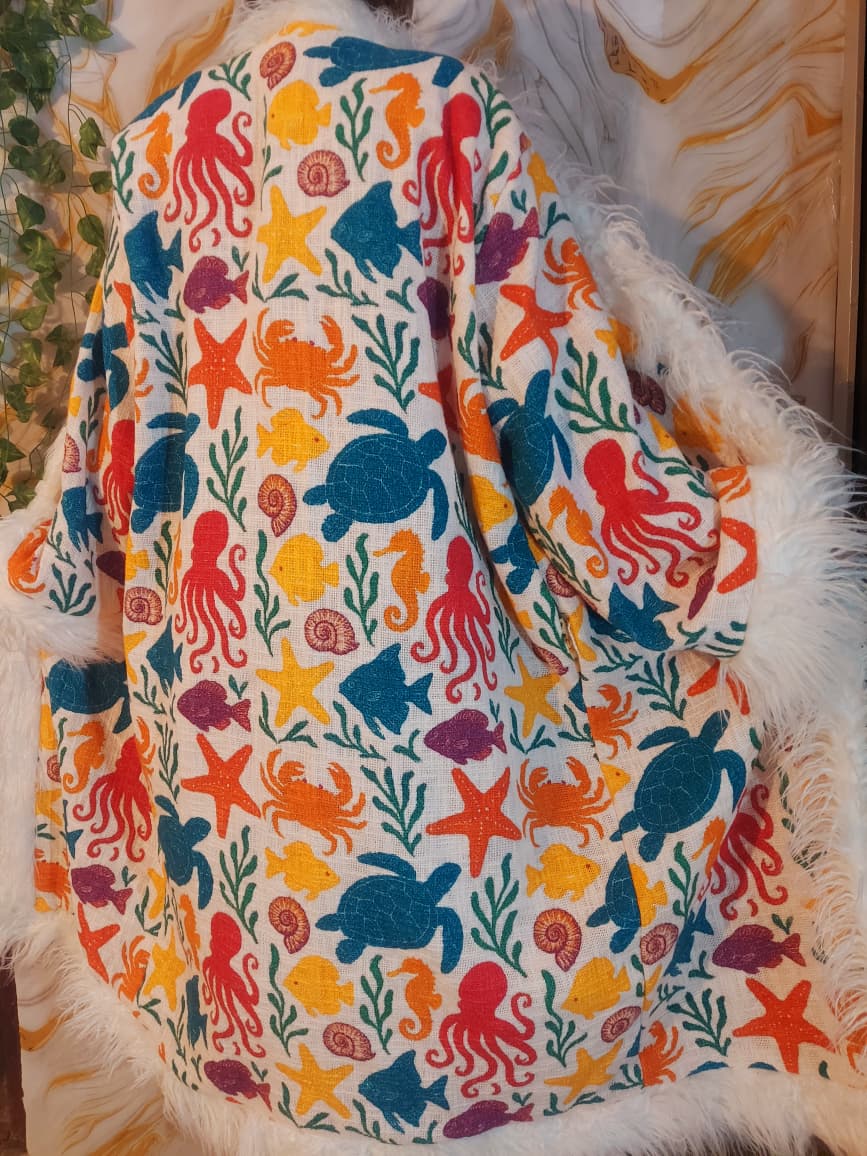 White cotton reversible sea animal Floral Coat: Mongolian Fur Trim, Boho Festival Jacket,Reversible unique Coat