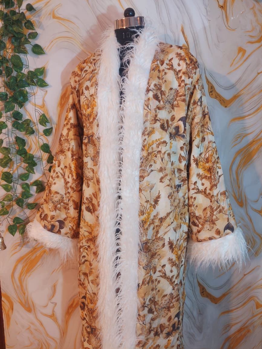 White cotton reversible sea animal Floral Coat: Mongolian Fur Trim, Boho Festival Jacket,Reversible unique Coat