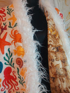White cotton reversible sea animal Floral Coat: Mongolian Fur Trim, Boho Festival Jacket,Reversible unique Coat
