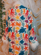 White cotton reversible sea animal Floral Coat: Mongolian Fur Trim, Boho Festival Jacket,Reversible unique Coat