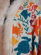 White cotton reversible sea animal Floral Coat: Mongolian Fur Trim, Boho Festival Jacket,Reversible unique Coat