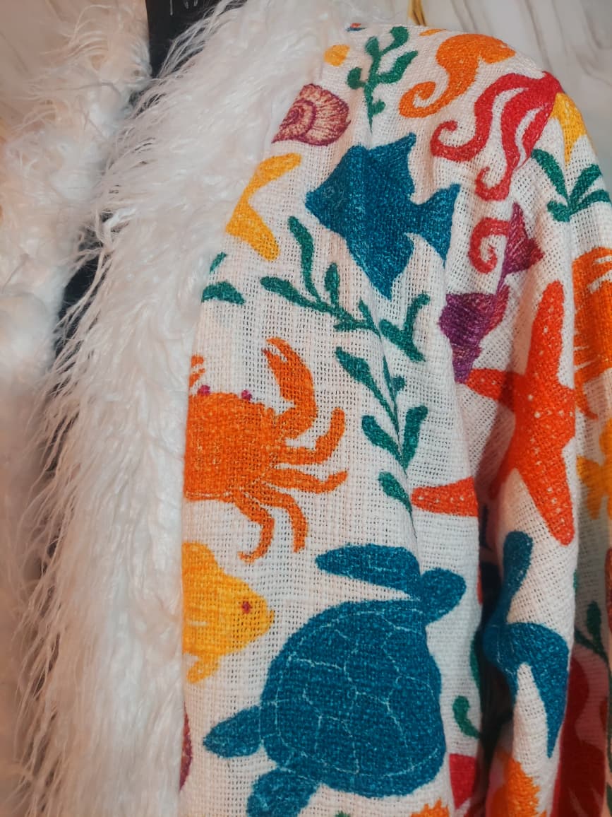 White cotton reversible sea animal Floral Coat: Mongolian Fur Trim, Boho Festival Jacket,Reversible unique Coat