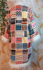 Vintage Jacquard Patchwork Coat: Mongolian Faux Fur Trim, 90s Bohemian Style