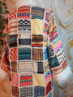 Vintage Jacquard Patchwork Coat: Mongolian Faux Fur Trim, 90s Bohemian Style