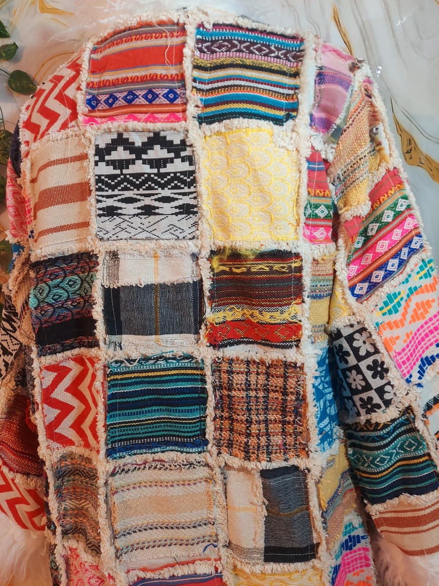 Vintage Jacquard Patchwork Coat: Mongolian Faux Fur Trim, 90s Bohemian Style