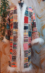Vintage Jacquard Patchwork Coat: Mongolian Faux Fur Trim, 90s Bohemian Style