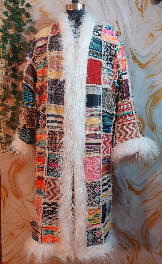 Vintage Jacquard Patchwork Coat: Mongolian Faux Fur Trim, 90s Bohemian Style