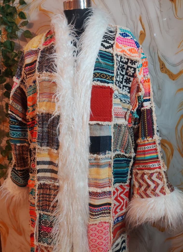 Vintage Jacquard Patchwork Coat: Mongolian Faux Fur Trim, 90s Bohemian Style