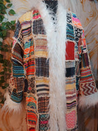 Vintage Jacquard Patchwork Coat: Mongolian Faux Fur Trim, 90s Bohemian Style