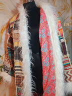 Vintage Jacquard Patchwork Coat: Mongolian Faux Fur Trim, 90s Bohemian Style