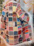 Vintage Jacquard Patchwork Coat: Mongolian Faux Fur Trim, 90s Bohemian Style