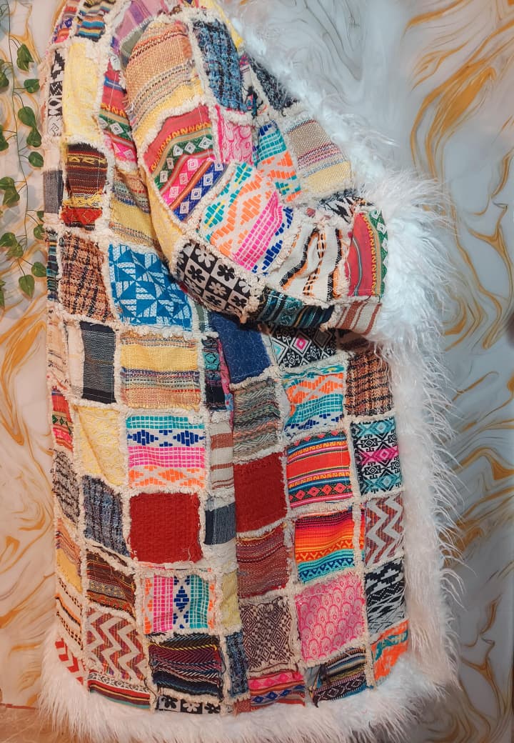 Vintage Jacquard Patchwork Coat: Mongolian Faux Fur Trim, 90s Bohemian Style