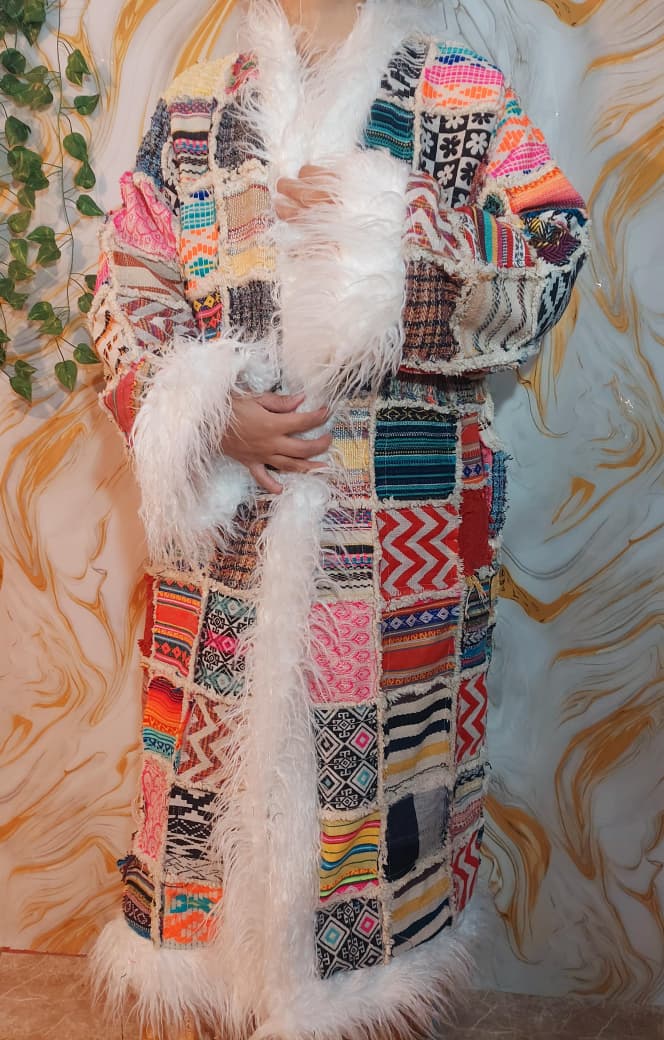 Vintage Jacquard Patchwork Coat: Mongolian Faux Fur Trim, 90s Bohemian Style