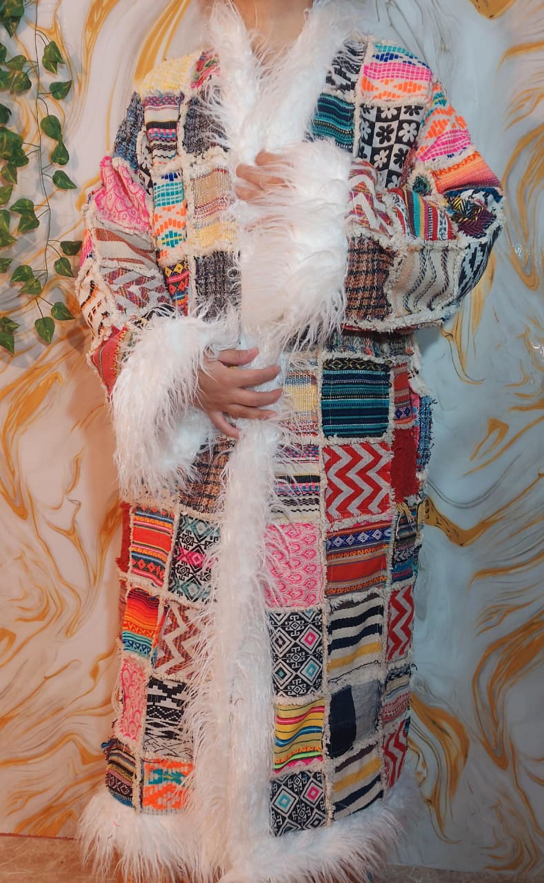 Vintage Jacquard Patchwork Coat: Mongolian Faux Fur Trim, 90s Bohemian Style