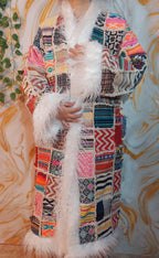 Vintage Jacquard Patchwork Coat: Mongolian Faux Fur Trim, 90s Bohemian Style