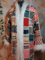 Vintage Jacquard Patchwork Coat: Mongolian Faux Fur Trim, 90s Bohemian Style