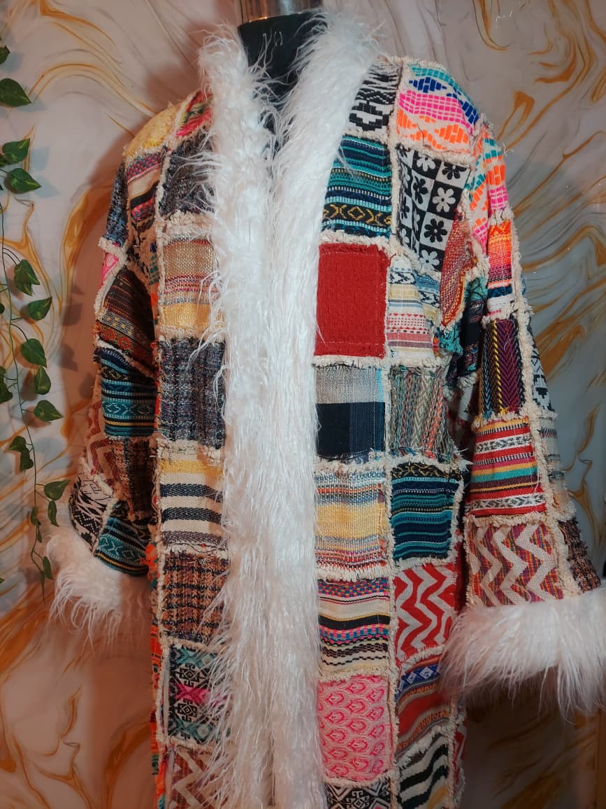 Vintage Jacquard Patchwork Coat: Mongolian Faux Fur Trim, 90s Bohemian Style