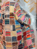 Vintage Jacquard Patchwork Coat: Mongolian Faux Fur Trim, 90s Bohemian Style