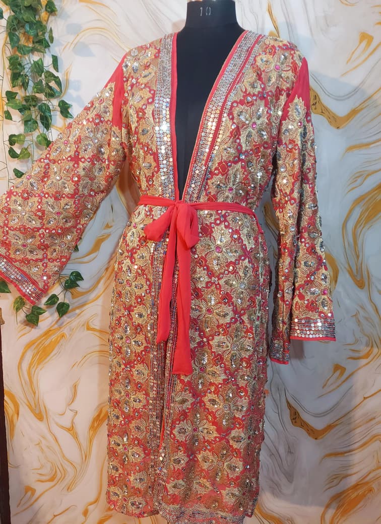 Vintage Pink Sequin Kimono, Gold Aari Embroidery, Indian Style