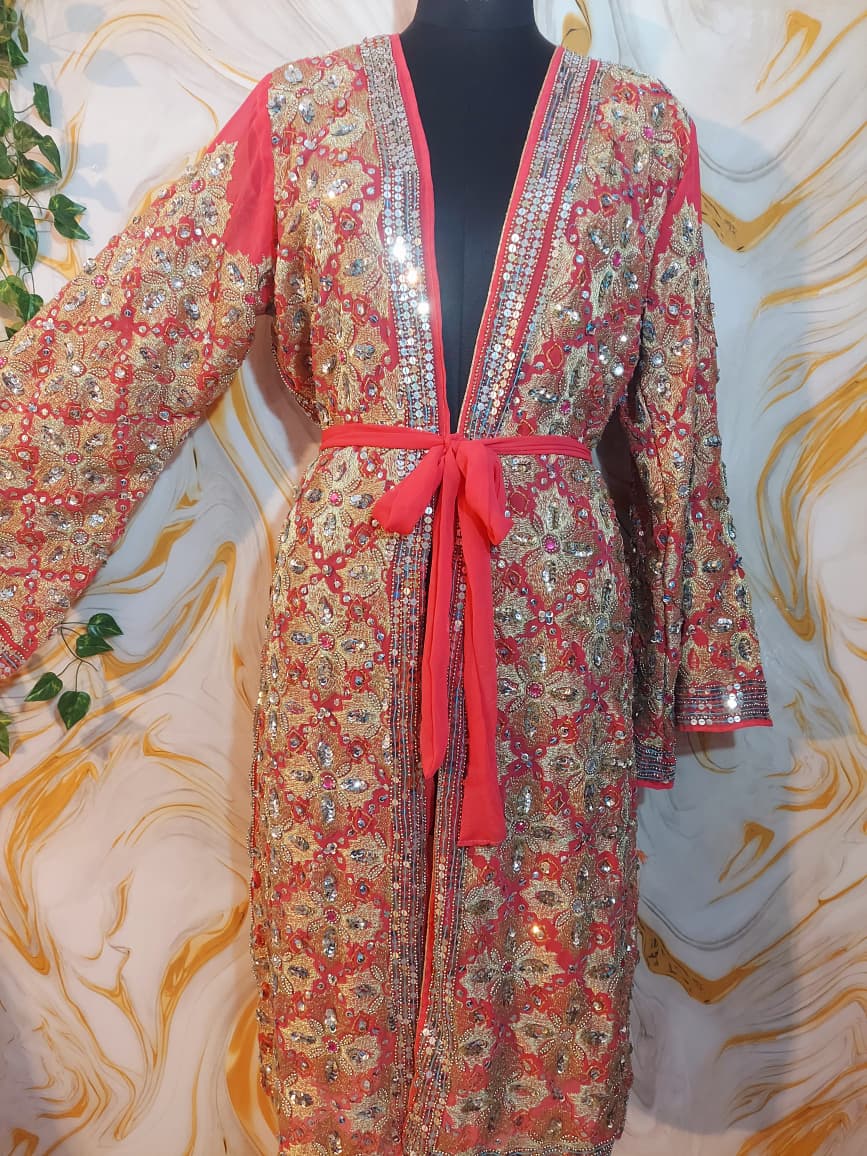 Vintage Pink Sequin Kimono, Gold Aari Embroidery, Indian Style