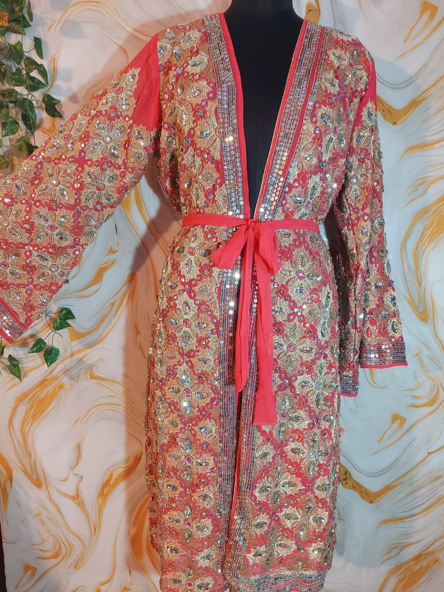 Vintage Pink Sequin Kimono, Gold Aari Embroidery, Indian Style