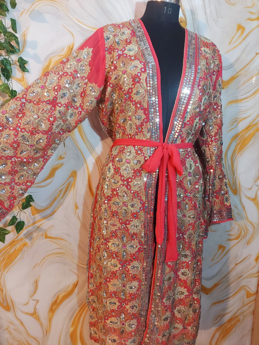 Vintage Pink Sequin Kimono, Gold Aari Embroidery, Indian Style