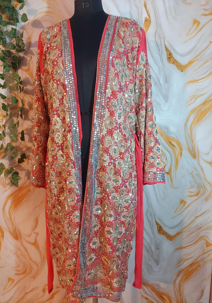 Vintage Pink Sequin Kimono, Gold Aari Embroidery, Indian Style