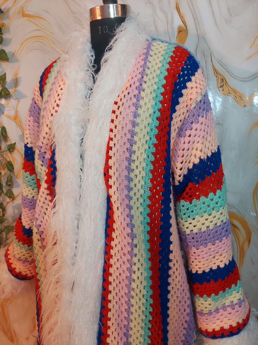 Handmade Rainbow Crochet Coat, Faux Fur Trim, Boho Cardigan