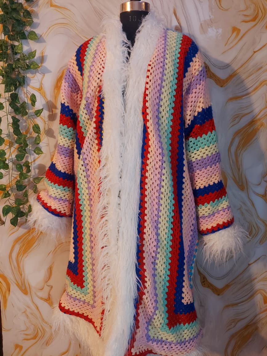 Handmade Rainbow Crochet Coat, Faux Fur Trim, Boho Cardigan