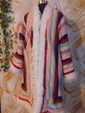 Handmade Rainbow Crochet Coat, Faux Fur Trim, Boho Cardigan