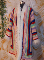 Handmade Rainbow Crochet Coat, Faux Fur Trim, Boho Cardigan