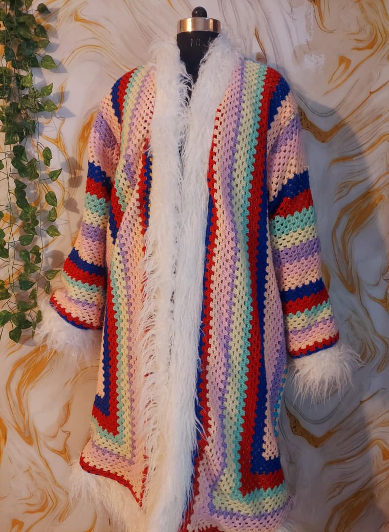 Handmade Rainbow Crochet Coat, Faux Fur Trim, Boho Cardigan