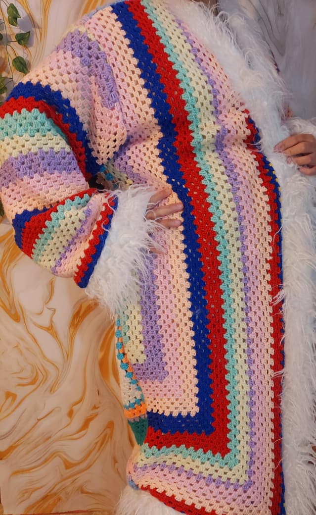 Handmade Rainbow Crochet Coat, Faux Fur Trim, Boho Cardigan